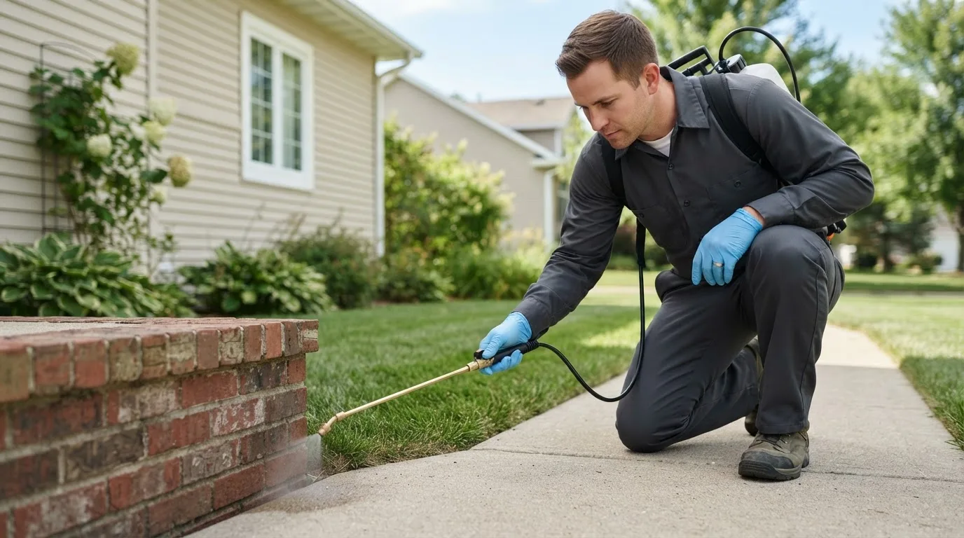Pest control technician treating a home near Grafton, IA