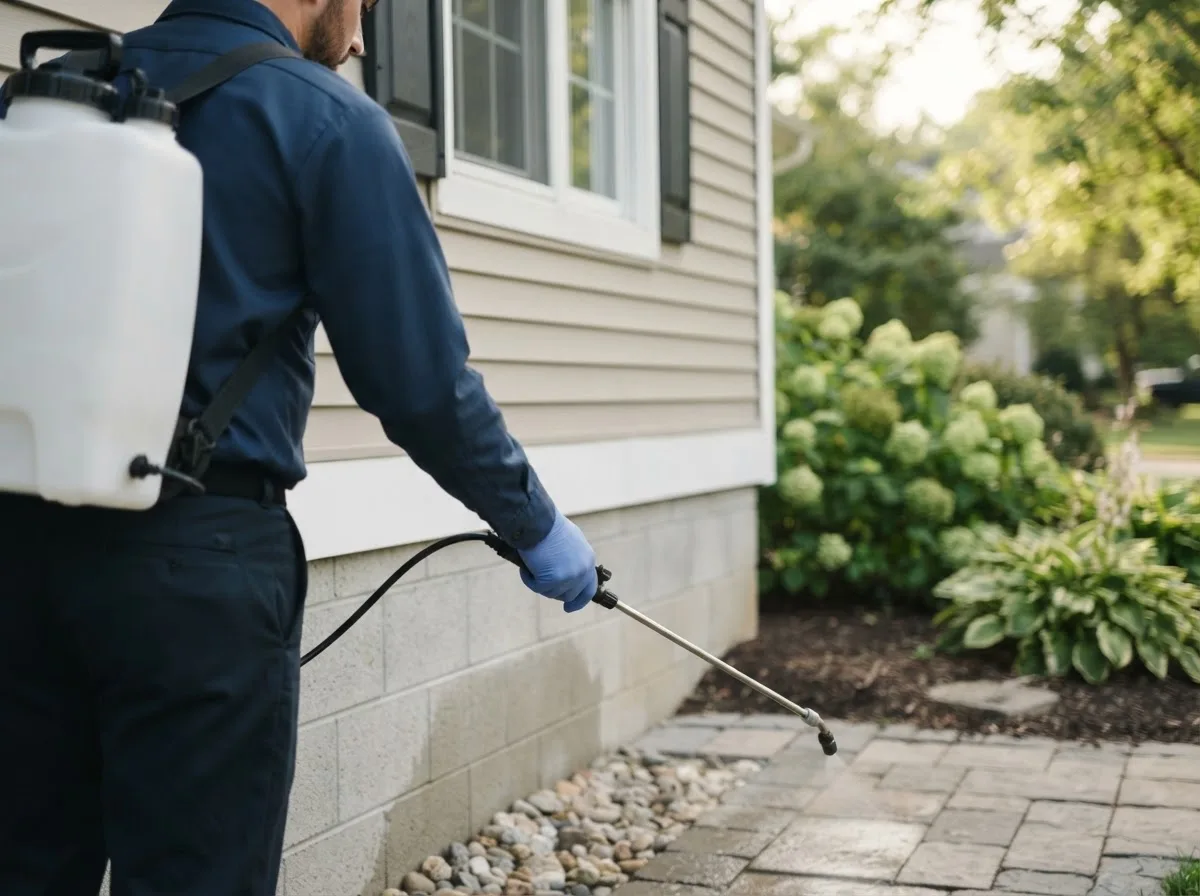 Pest control technician inspecting a home in Grafton, IA